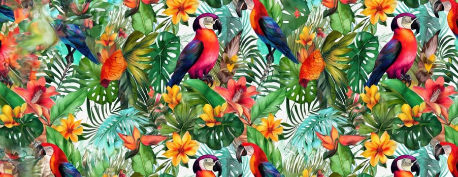 Tropical exotic pattern with animal and flowers in bright colors and lush vegetation. Ai Generative