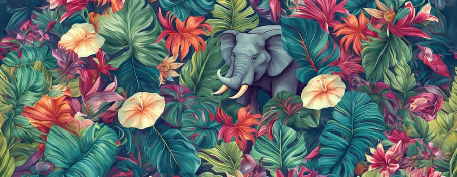 Tropical exotic pattern with animal and flowers in bright colors and lush vegetation. Ai Generative