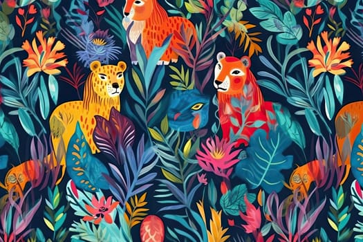 Tropical exotic pattern with animal and flowers in bright colors and lush vegetation. Ai Generative