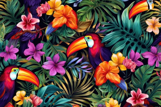 Tropical exotic pattern with animal and flowers in bright colors and lush vegetation. Ai Generative