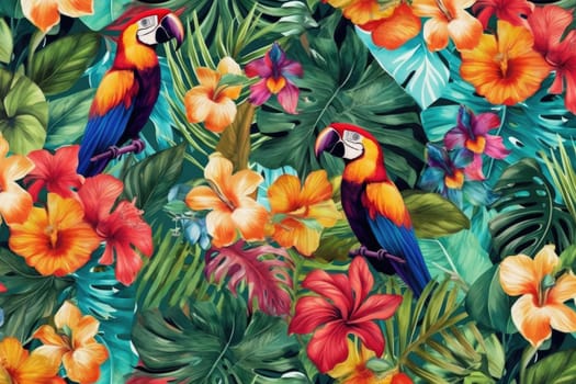 Tropical exotic pattern with animal and flowers in bright colors and lush vegetation. Ai Generative