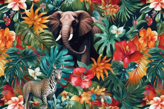 Tropical exotic pattern with animal and flowers in bright colors and lush vegetation. Ai Generative