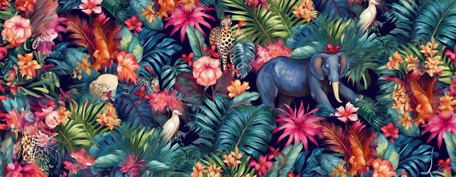 Tropical exotic pattern with animal and flowers in bright colors and lush vegetation. Ai Generative