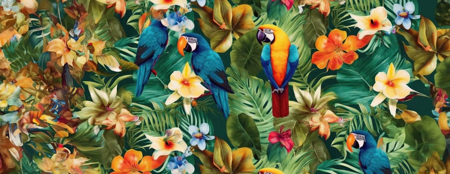 Tropical exotic pattern with animal and flowers in bright colors and lush vegetation. Ai Generative