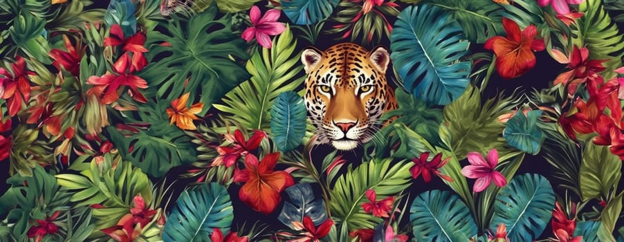 Tropical exotic pattern with animal and flowers in bright colors and lush vegetation. Ai Generative