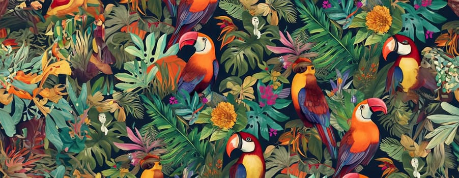 Tropical exotic pattern with animal and flowers in bright colors and lush vegetation. Ai Generative