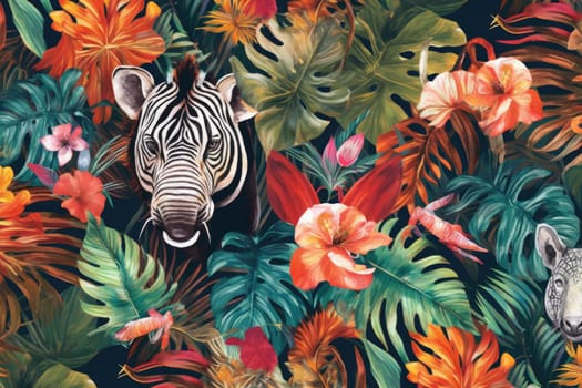 Tropical exotic pattern with animal and flowers in bright colors and lush vegetation. Ai Generative