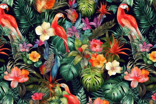 Tropical exotic pattern with animal and flowers in bright colors and lush vegetation. Ai Generative