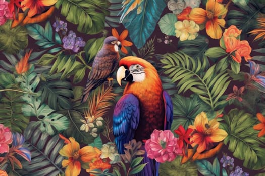 Tropical exotic pattern with animal and flowers in bright colors and lush vegetation. Ai Generative