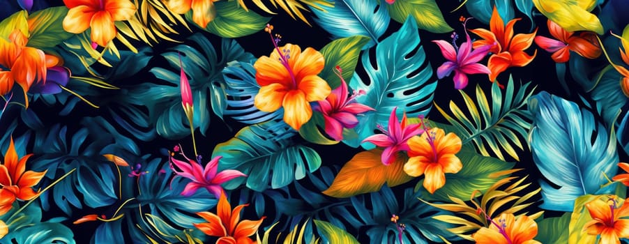 Tropical exotic pattern with animal and flowers in bright colors and lush vegetation. Ai Generative