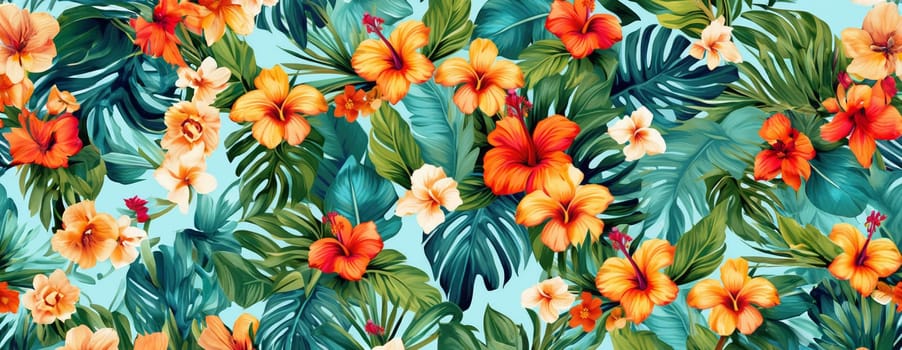 Tropical exotic pattern with animal and flowers in bright colors and lush vegetation. Ai Generative