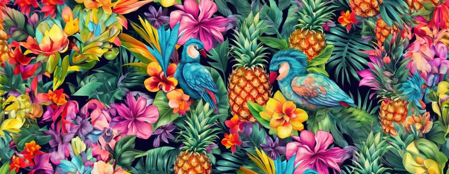 Tropical exotic pattern with animal and flowers in bright colors and lush vegetation. Ai Generative