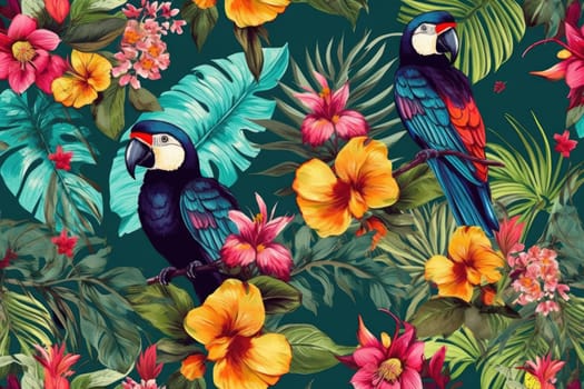 Tropical exotic pattern with animal and flowers in bright colors and lush vegetation. Ai Generative