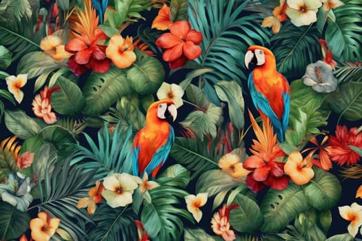 Tropical exotic pattern with animal and flowers in bright colors and lush vegetation. Ai Generative