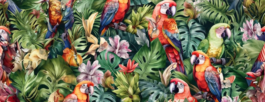 Tropical exotic pattern with animal and flowers in bright colors and lush vegetation. Ai Generative