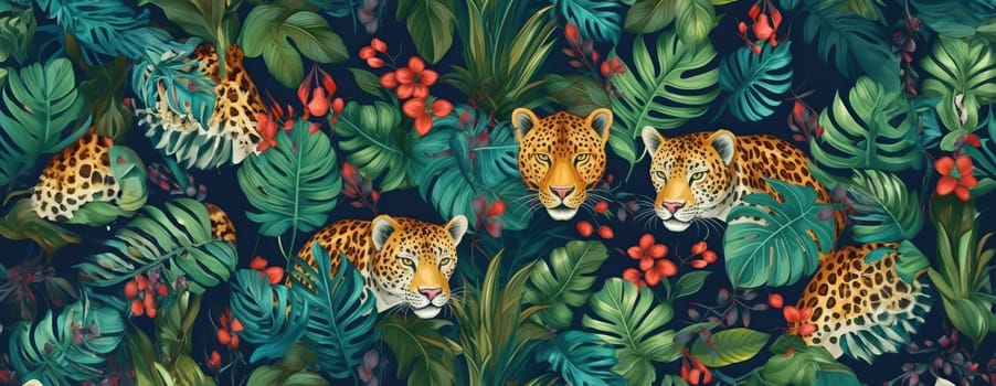 Tropical exotic pattern with animal and flowers in bright colors and lush vegetation. Ai Generative