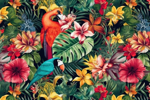 Tropical exotic pattern with animal and flowers in bright colors and lush vegetation. Ai Generative