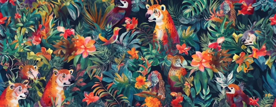 Tropical exotic pattern with animal and flowers in bright colors and lush vegetation. Ai Generative