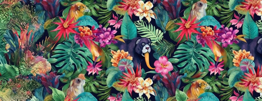 Tropical exotic pattern with animal and flowers in bright colors and lush vegetation. Ai Generative