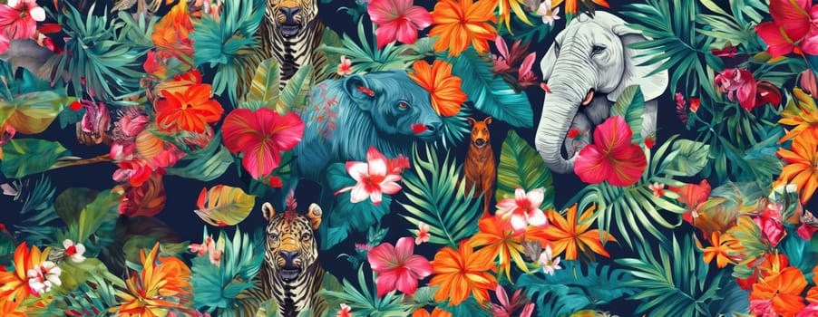 Tropical exotic pattern with animal and flowers in bright colors and lush vegetation. Ai Generative