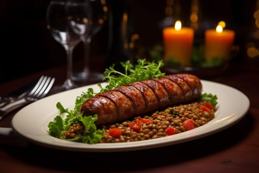 Cotechino with lentils raditional a Emilia-Romagna dish, with sausage served with lentils, symbolizing luck and prosperity for the new year.