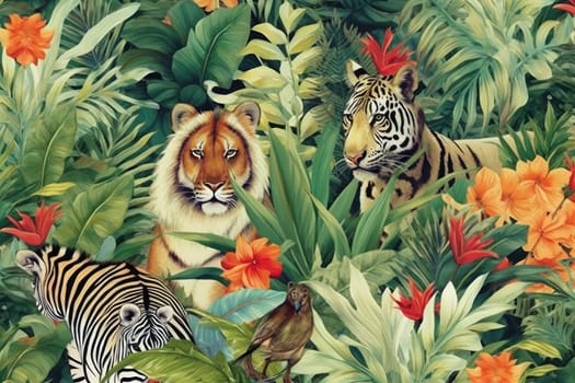 Tropical exotic pattern with animal and flowers in bright colors and lush vegetation. Ai Generative