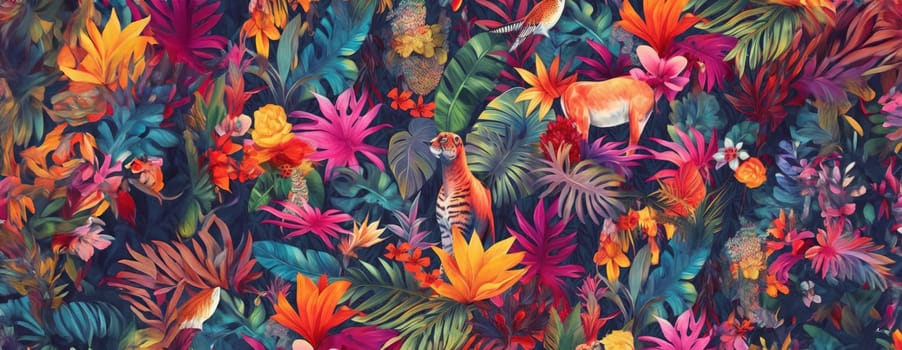 Tropical exotic pattern with animal and flowers in bright colors and lush vegetation. Ai Generative