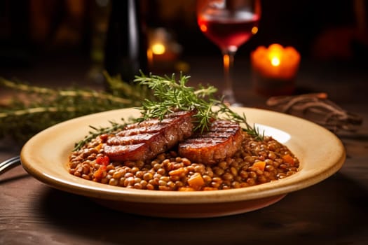 Cotechino with lentils raditional a Emilia-Romagna dish, with sausage served with lentils, symbolizing luck and prosperity for the new year.