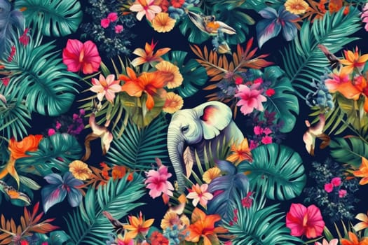 Tropical exotic pattern with animal and flowers in bright colors and lush vegetation. Ai Generative