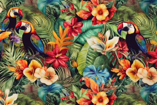 Tropical exotic pattern with animal and flowers in bright colors and lush vegetation. Ai Generative