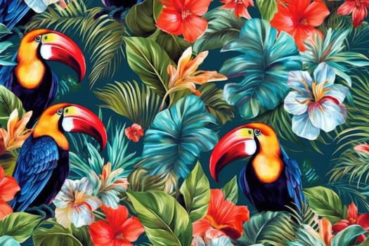 Tropical exotic pattern with animal and flowers in bright colors and lush vegetation. Ai Generative