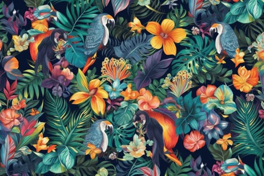 Tropical exotic pattern with animal and flowers in bright colors and lush vegetation. Ai Generative