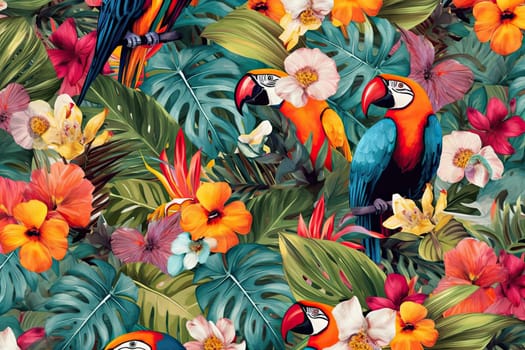 Tropical exotic pattern with animal and flowers in bright colors and lush vegetation. Ai Generative