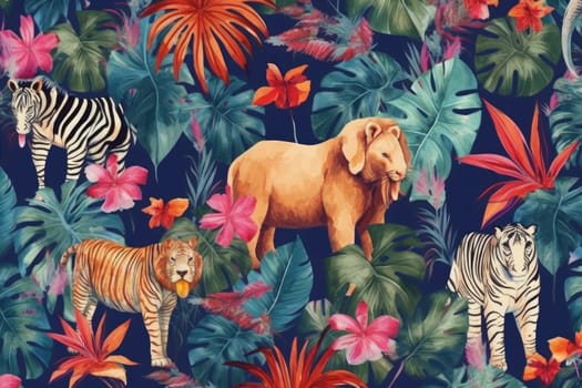 Tropical exotic pattern with animal and flowers in bright colors and lush vegetation. Ai Generative