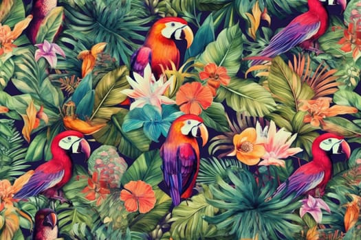 Tropical exotic pattern with animal and flowers in bright colors and lush vegetation. Ai Generative