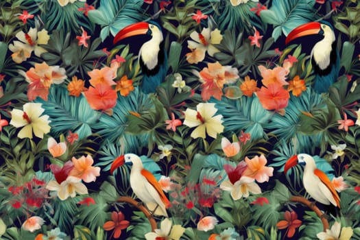 Tropical exotic pattern with animal and flowers in bright colors and lush vegetation. Ai Generative