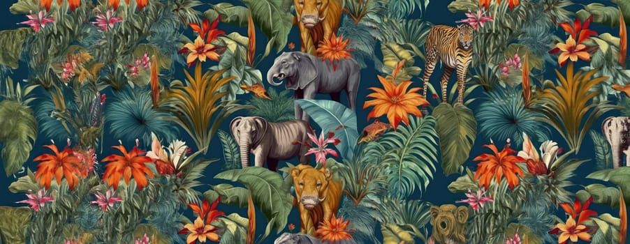 Tropical exotic pattern with animal and flowers in bright colors and lush vegetation. Ai Generative