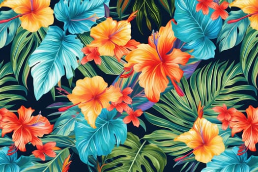 Tropical exotic pattern with animal and flowers in bright colors and lush vegetation. Ai Generative