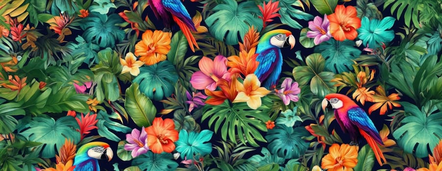 Tropical exotic pattern with animal and flowers in bright colors and lush vegetation. Ai Generative