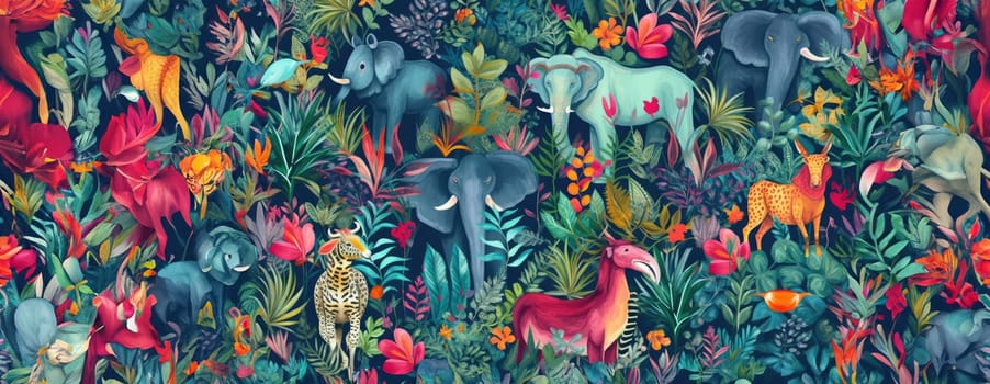 Tropical exotic pattern with animal and flowers in bright colors and lush vegetation. Ai Generative