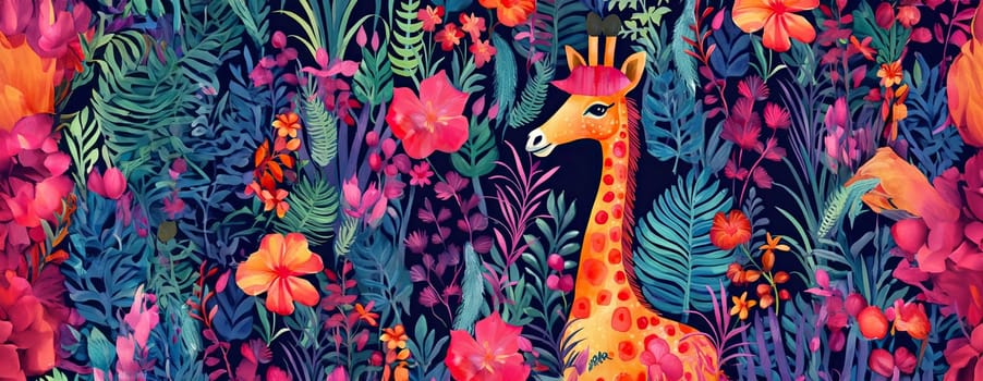 Tropical exotic pattern with animal and flowers in bright colors and lush vegetation. Ai Generative