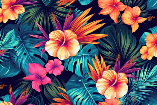 Tropical exotic pattern with animal and flowers in bright colors and lush vegetation. Ai Generative