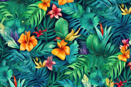 Tropical exotic pattern with animal and flowers in bright colors and lush vegetation. Ai Generative