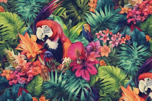 Tropical exotic pattern with animal and flowers in bright colors and lush vegetation. Ai Generative