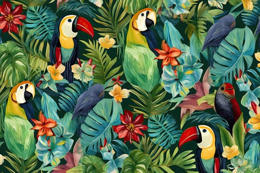 Tropical exotic pattern with animal and flowers in bright colors and lush vegetation. Ai Generative