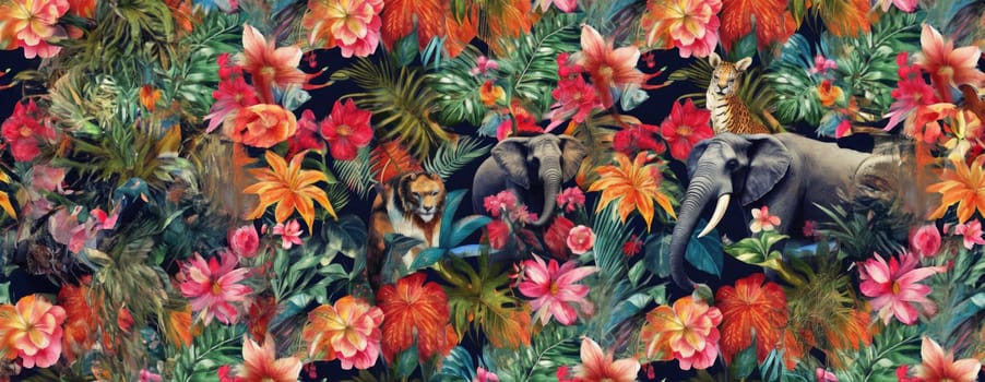 Tropical exotic pattern with animal and flowers in bright colors and lush vegetation. Ai Generative