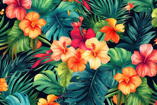 Tropical exotic pattern with animal and flowers in bright colors and lush vegetation. Ai Generative