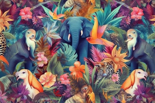 Tropical exotic pattern with animal and flowers in bright colors and lush vegetation. Ai Generative