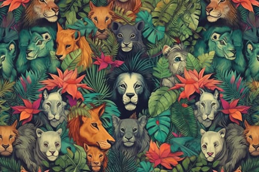 Tropical exotic pattern with animal and flowers in bright colors and lush vegetation. Ai Generative