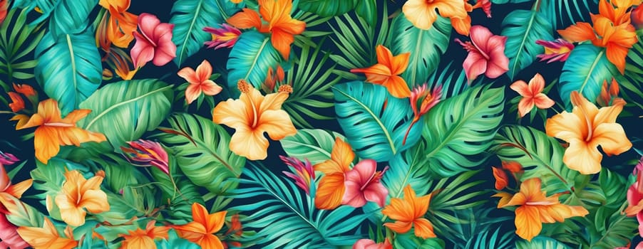 Tropical exotic pattern with animal and flowers in bright colors and lush vegetation. Ai Generative